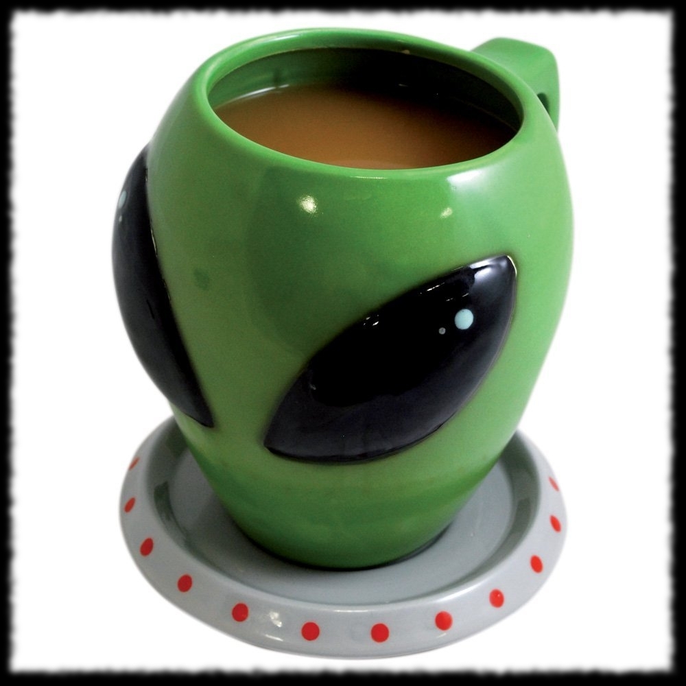 Alien Coffee Mug and Flying Saucer Decoration