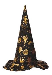 Unique Witches Hat Black with Gold Cats, Stars and Pumpkins
