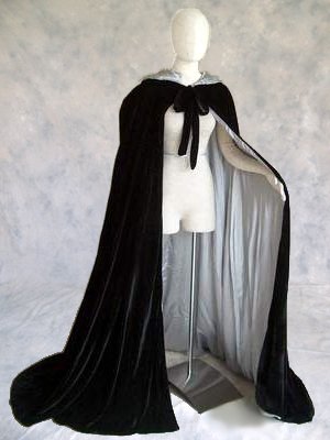 Deluxe Black Velvet Witches Cloak Silver Satin Lined Cape